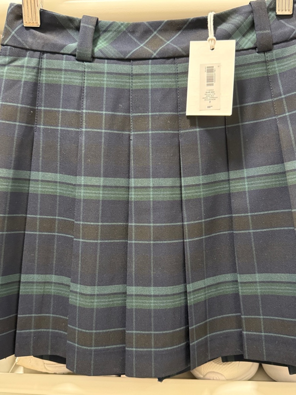 Aritzia Navy and Green Plaid Pleated Mini Skirt size 2